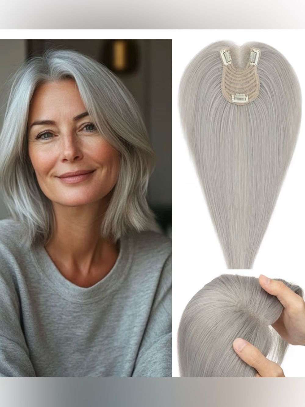 Real Human Hair Topper 14 Inch GRAY Clip In Hair Piece Hand Tied Breathable NEW